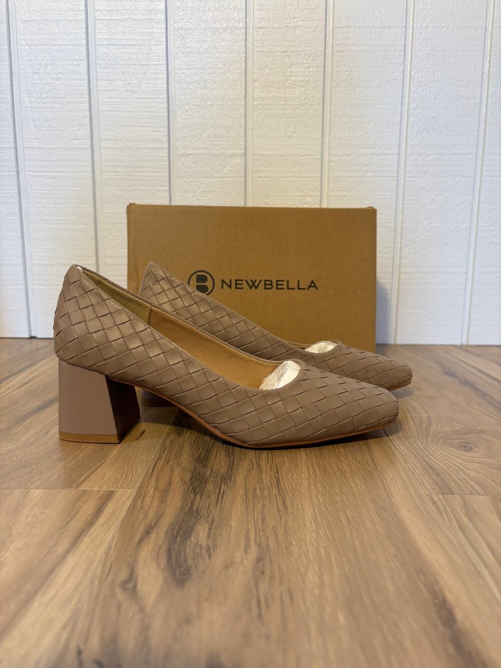 NEWBELLA Women 6 Taupe Woven Square Toe Block Heel Pumps Quiet Luxury NIB